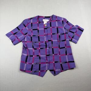 Vintage Kathy Che Purple Plaid Short Sleeve Blouse Size 12